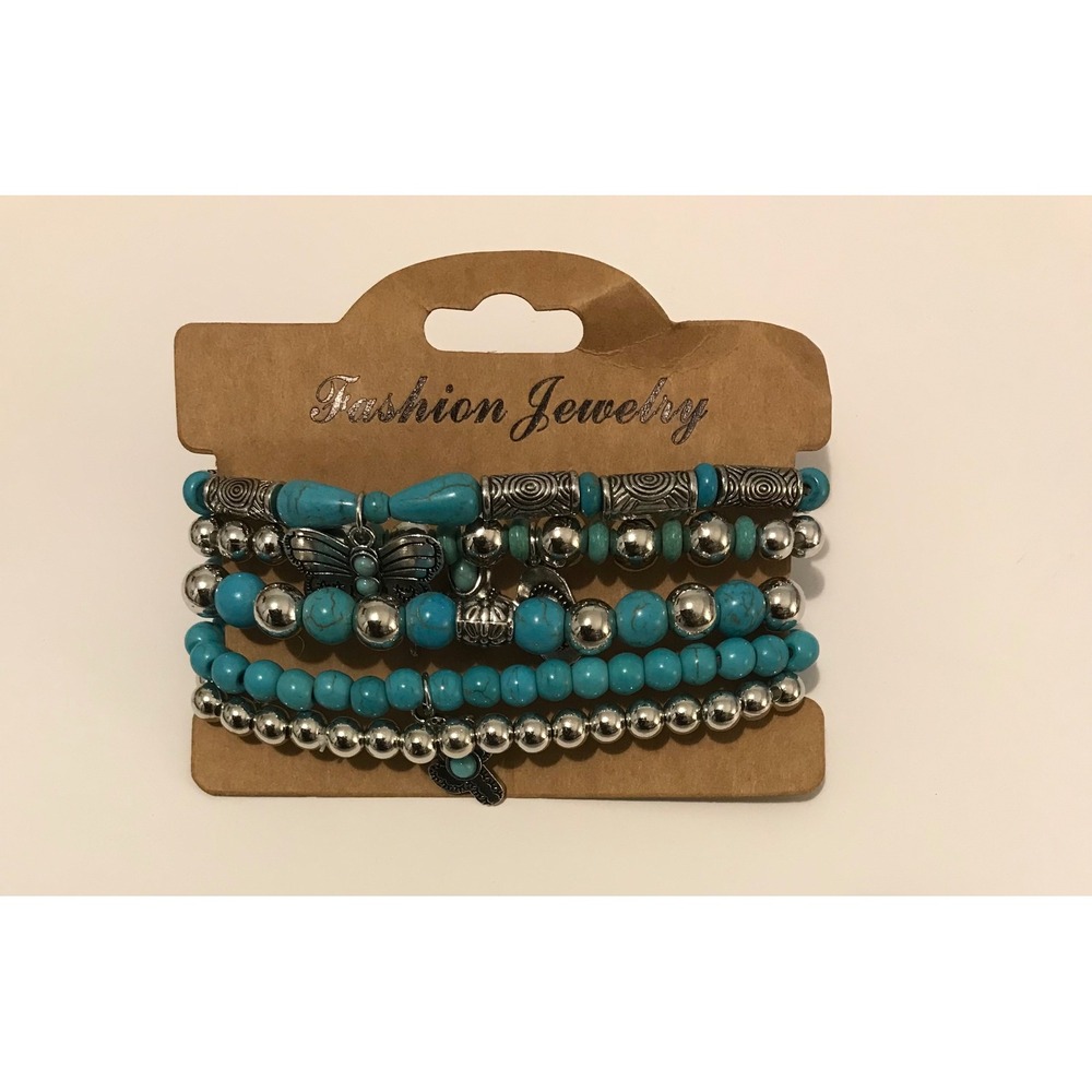 Bohemian Beaded Bracelet Sets Turquoise Silver Wood Tassel Butterfly Charms 3pk - Picture 3 of 5